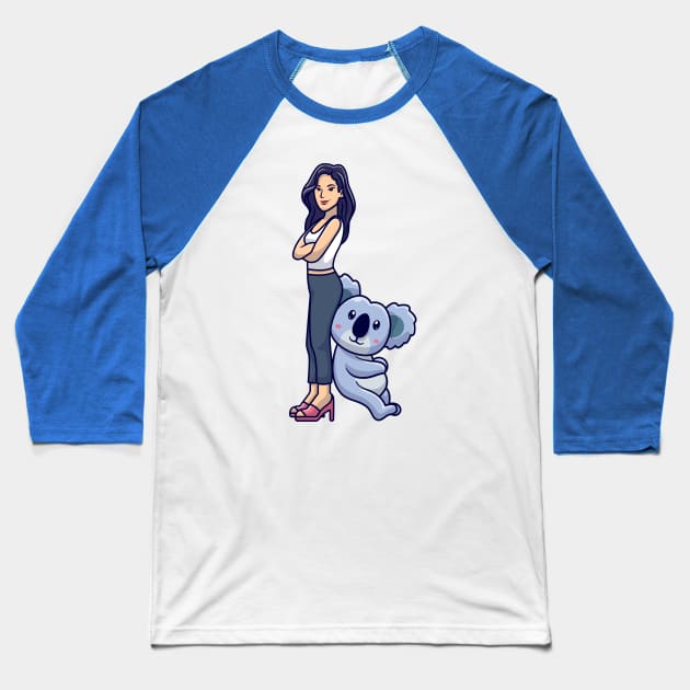 Cute Girl Posing With Koala Cartoon Baseball T-Shirt by Catalyst Labs